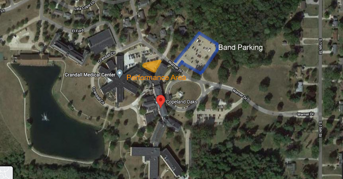 Map of Copeland Oaks grounds showing band parking to the right of the main entrance and the performance area between the main entrance and the medical center.